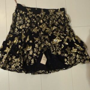 LoveShackFancy Black and Gold Floral Mini Skirt